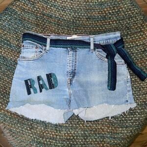 Levis 550 Reworked Denim Shorts 12 Blue Green Embroidered Raw Hem Stretch